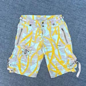 Da-nang beige/yellow/teal 100% silk cargo shorts